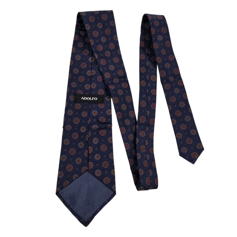 ADOLFO Silk Geometric Pattern Necktie‎ Navy Blue Made in Italy Luxury Accessory